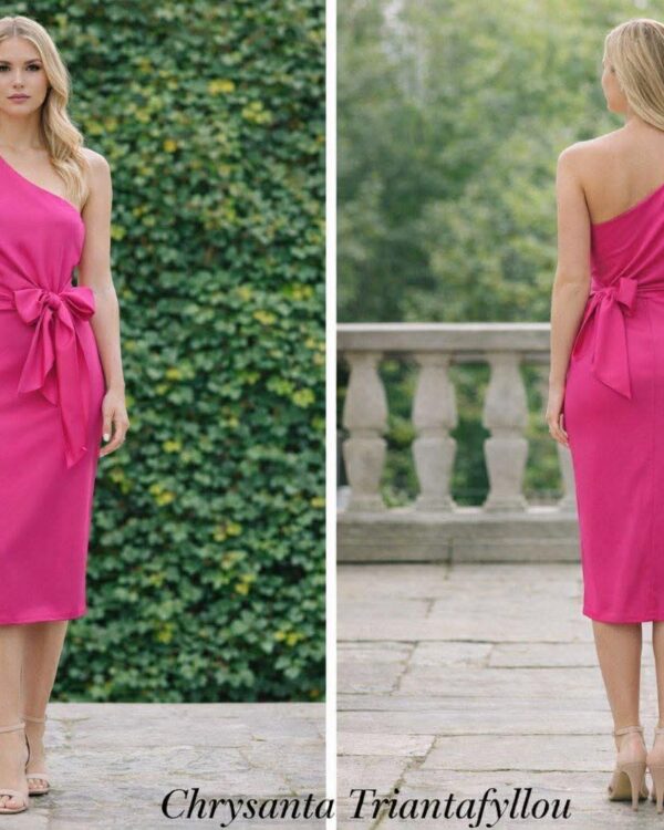 Midi φόρεμα φούξια on-shoulder με φιόγκο στην μέση