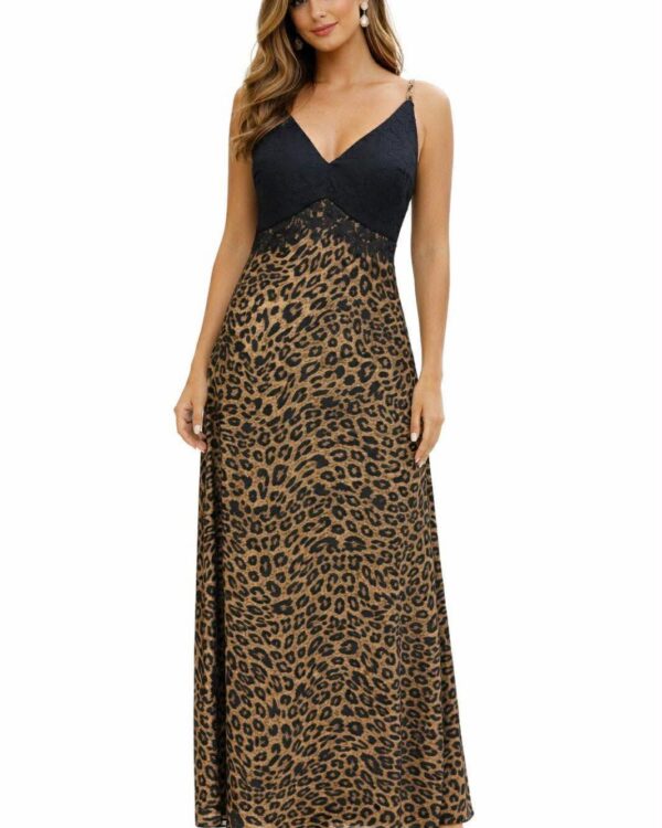 Maxi φόρεμα με leopard print ,λεπτές τιράντες και διακριτική δαντέλα