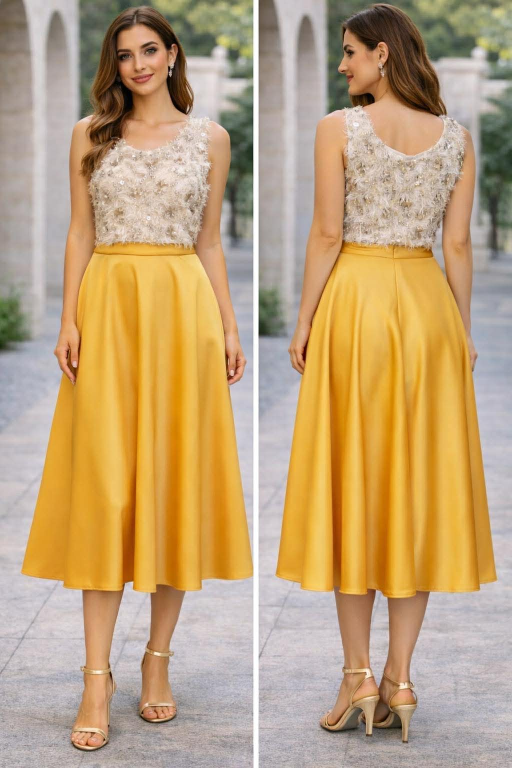 Midi φούστα σατέν & τοπ διακοσμημένο με κεντήματα και πούλιες