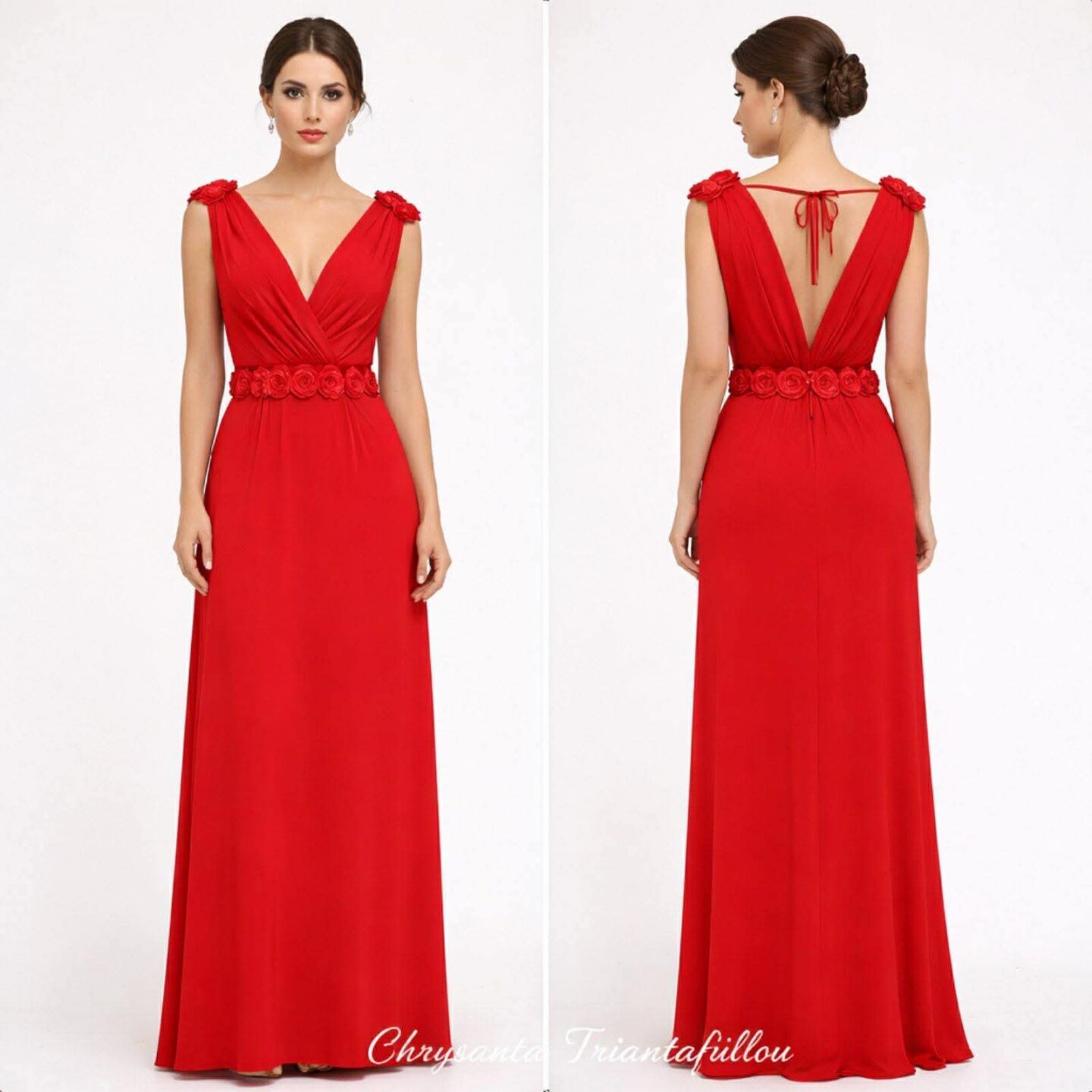 Maxi κόκκινο φόρεμα με λεπτομέρεια λουλούδια στη μέση & ανοιχτή πλάτη