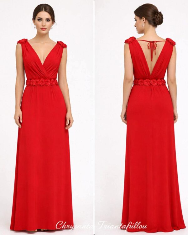 Maxi κόκκινο φόρεμα με λεπτομέρεια λουλούδια στη μέση & ανοιχτή πλάτη