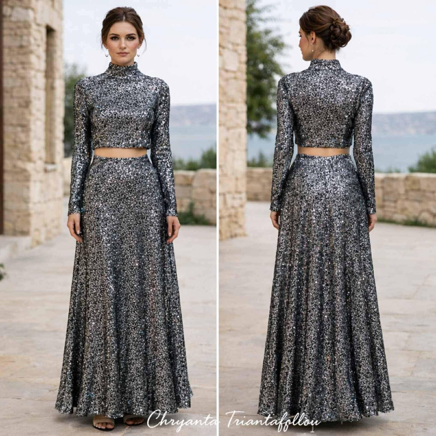 Σετ μάξι φούστα & crop top με παγιέτες σε ασημί-μαύρη απόχρωση