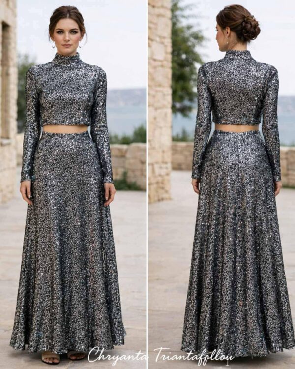 Σετ μάξι φούστα & crop top με παγιέτες σε ασημί-μαύρη απόχρωση