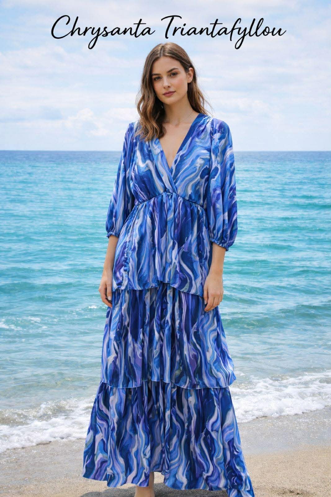 Maxi φόρεμα Ocean waves με layered σχέδιο