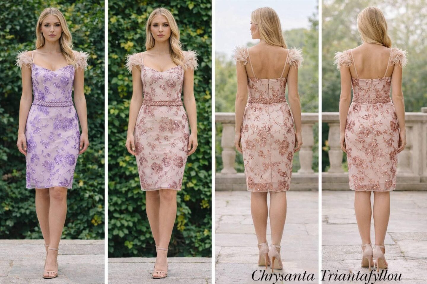 Κοντό φόρεμα με δαντέλα & πούπουλα στους ώμους