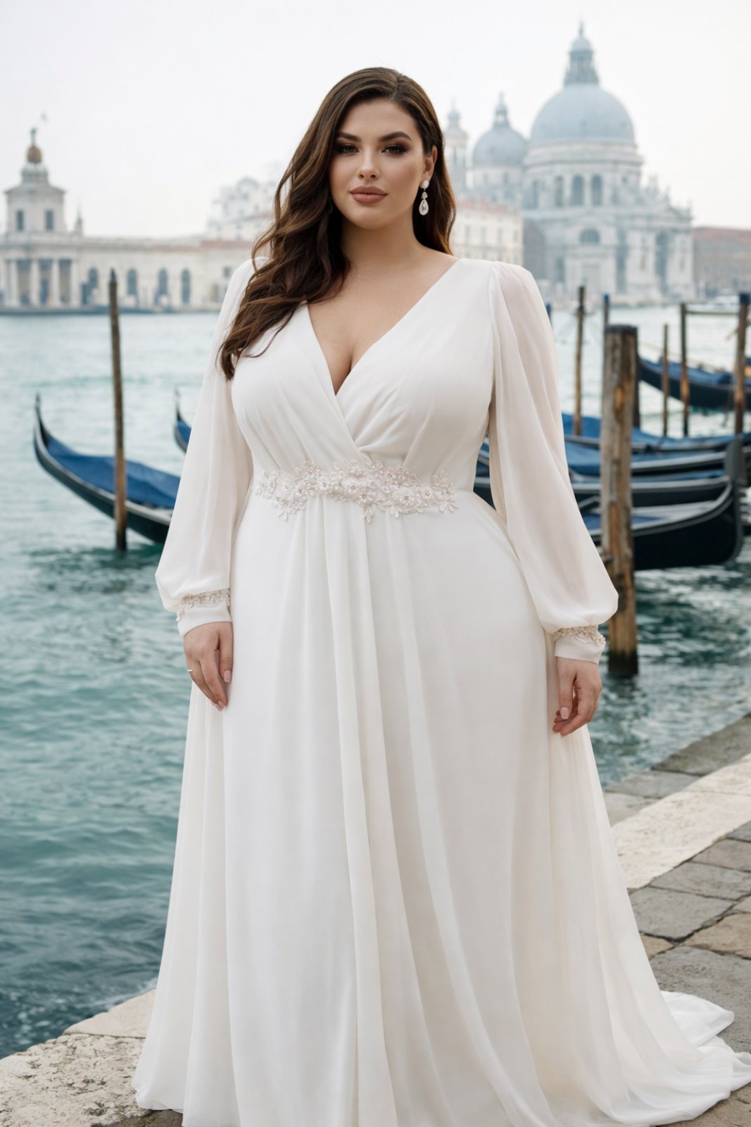 Νυφικό από μεταξωτή μουσελίνα, αέρινα μακριά μανίκια & ντεκολτέ V