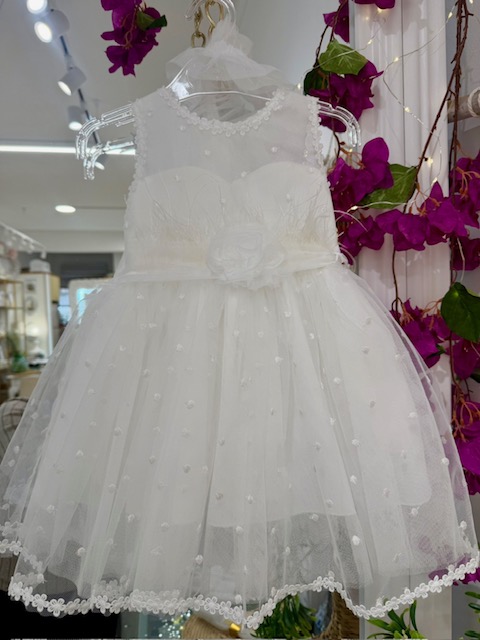 Λευκό φόρεμα βάπτισης με τούλι πουά & δαντέλα