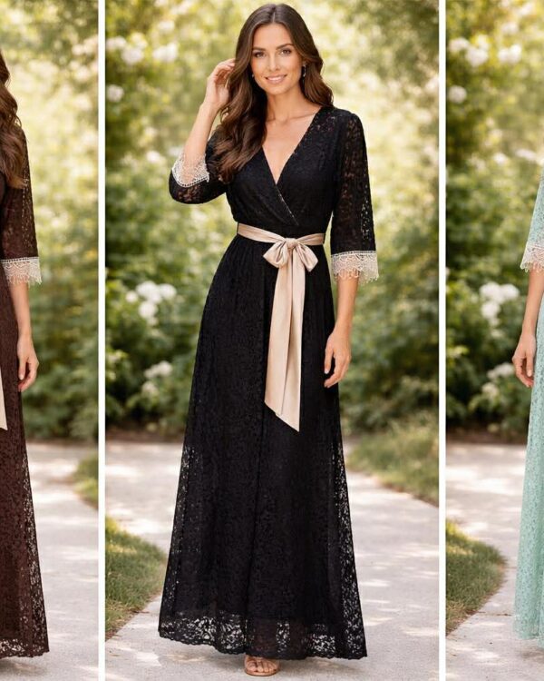 Μακρύ δαντελένιο φόρεμα με ζώνη & V ντεκολτέ