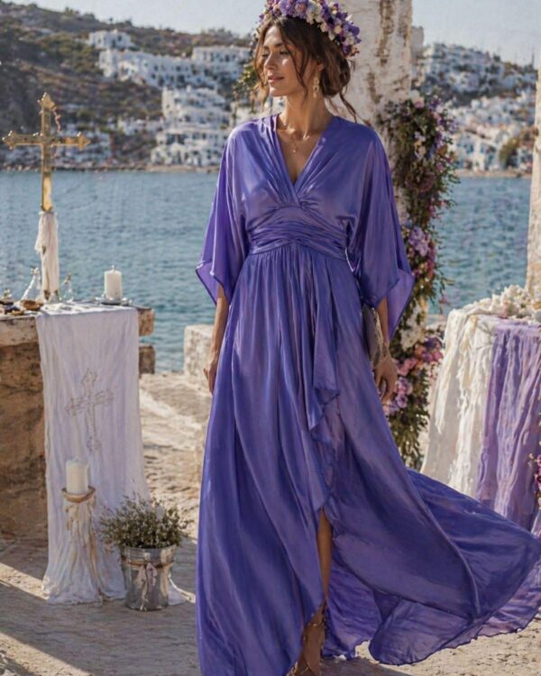 Saten maxi φόρεμα κρουαζέ με αέρινα μανίκια / MISS VANITY