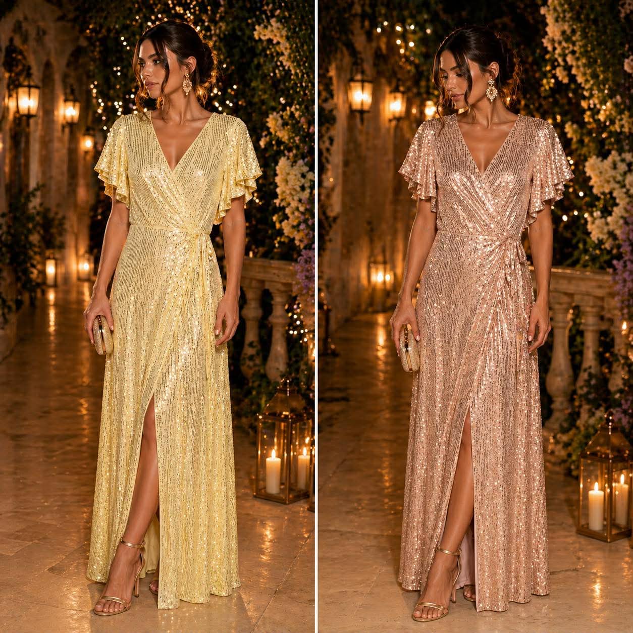lampero maxi forema krouaze me pagietes(2) Two women in shimmering wrap-style gowns—gold on the left and rose gold on the right—pose in a candlelit, floral backdrop.