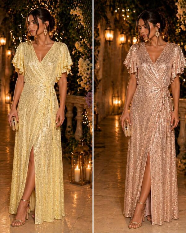 Two women wearing floor-length sequin gowns pose side by side in a lantern-lit garden backdrop, one gold and one rose gold.