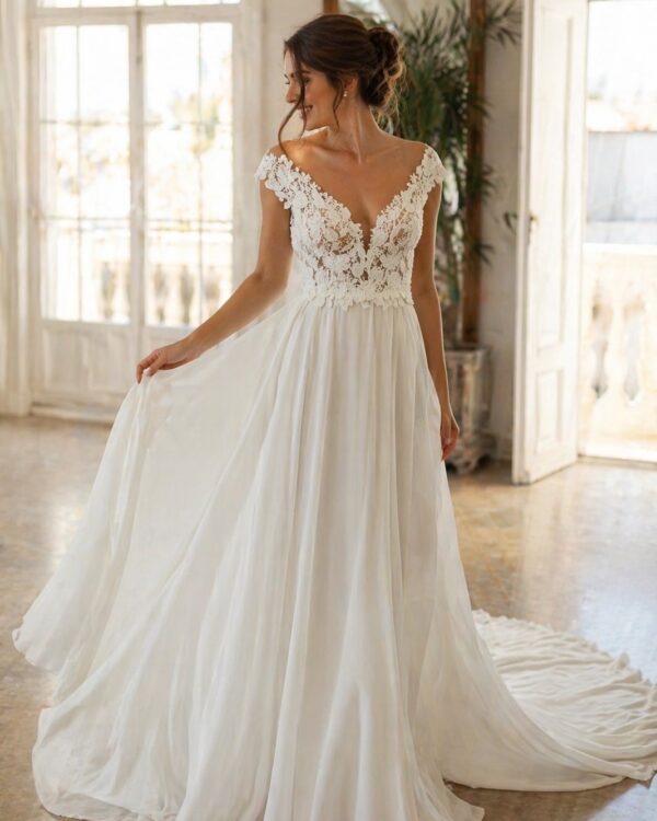 Bride in an ivory wedding dress with a lace bodice and flowing skirt, standing in a sunlit room with large windows and doors behind her.
