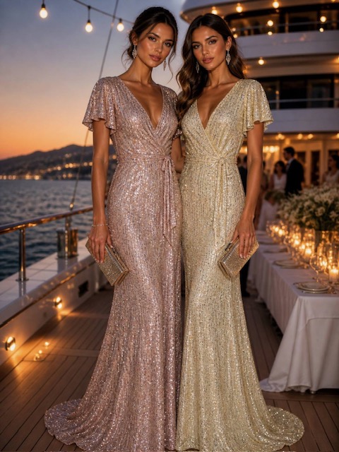 Two women in rose-gold and champagne sequin gowns pose arm-in-arm on a yacht deck at sunset, with string lights and a candlelit dinner table in the background.