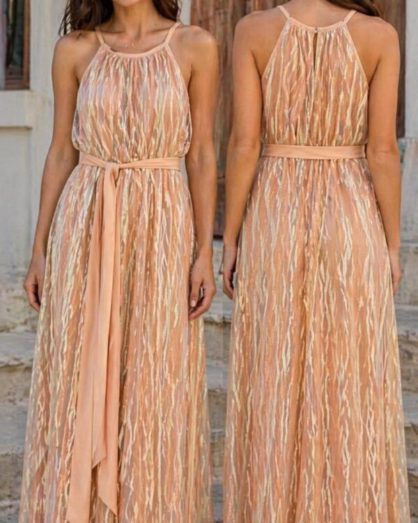 Μάξι φόρεμα σε champagne απόχρωση με διακριτική λάμψη & ζώνη / MISS VANITY