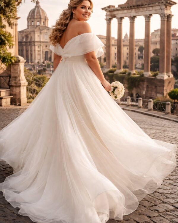 Bride in an off-the-shoulder white wedding gown walking on a cobblestone path, holding a white bouquet, with ancient Roman ruins in the background.
