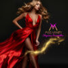 Glamorous model in a flowing red satin gown against a dark background, with Miss Vanity branding nearby.