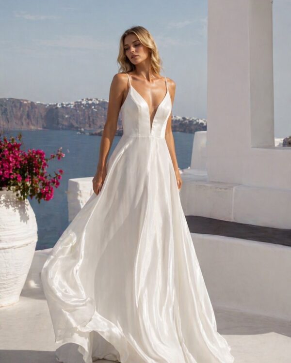 bride in a flowing white wedding dress walking on a sunny terrace with a sea view and white architecture in the background