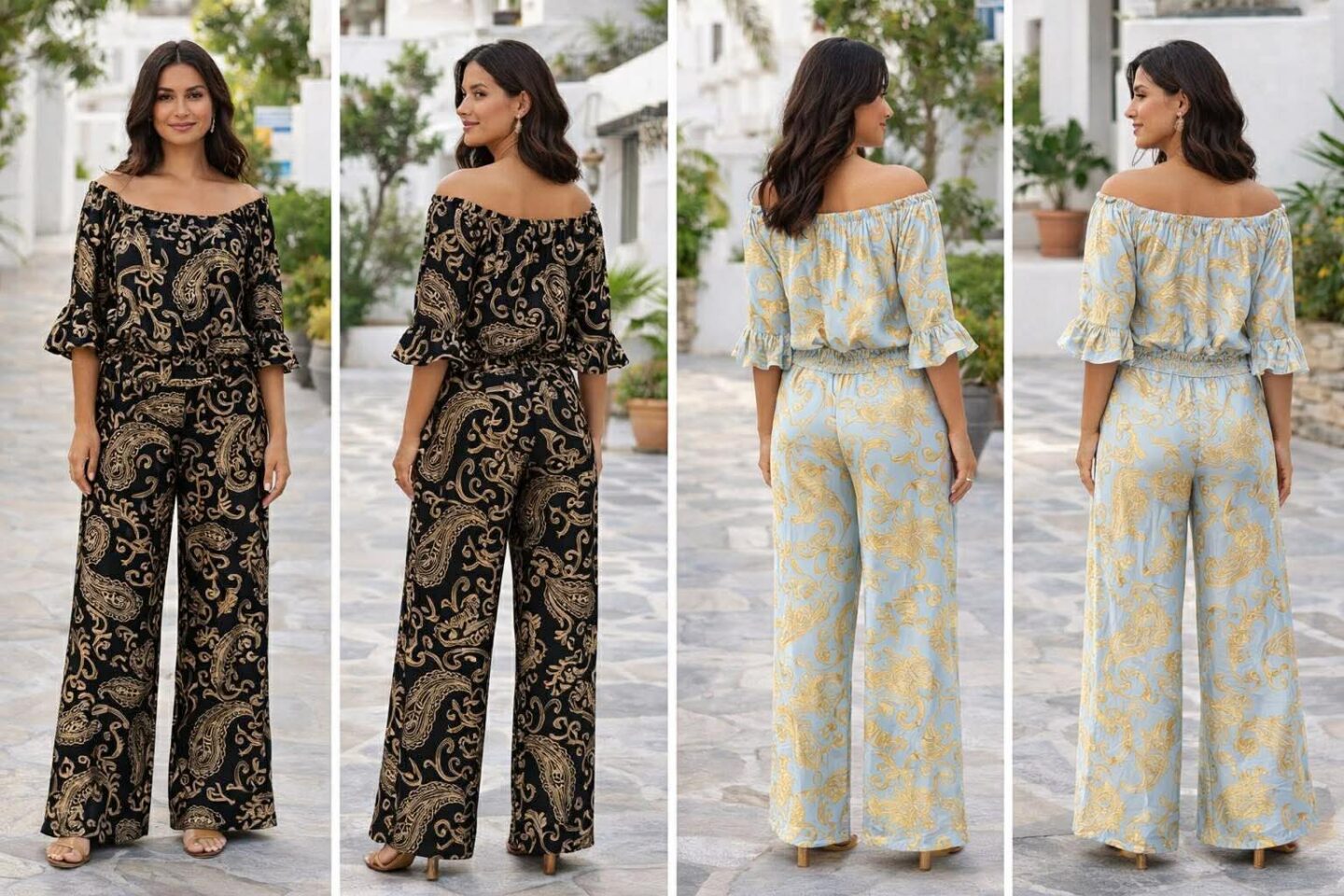 Μπλούζα με έξω τους ώμους & παντελόνι σε ευθεία γραμμή