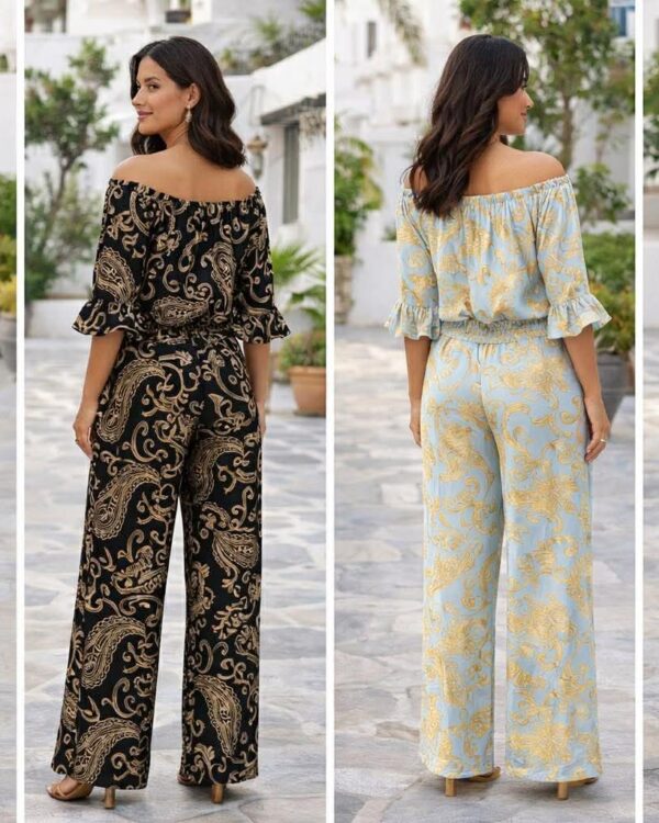 Μπλούζα με έξω τους ώμους & παντελόνι σε ευθεία γραμμή