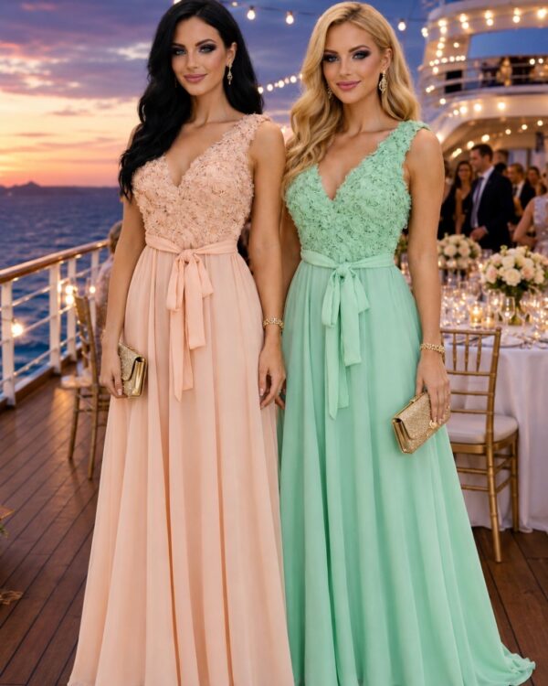Two women in pastel evening gowns pose on a cruise-ship deck at sunset, each holding a gold clutch.