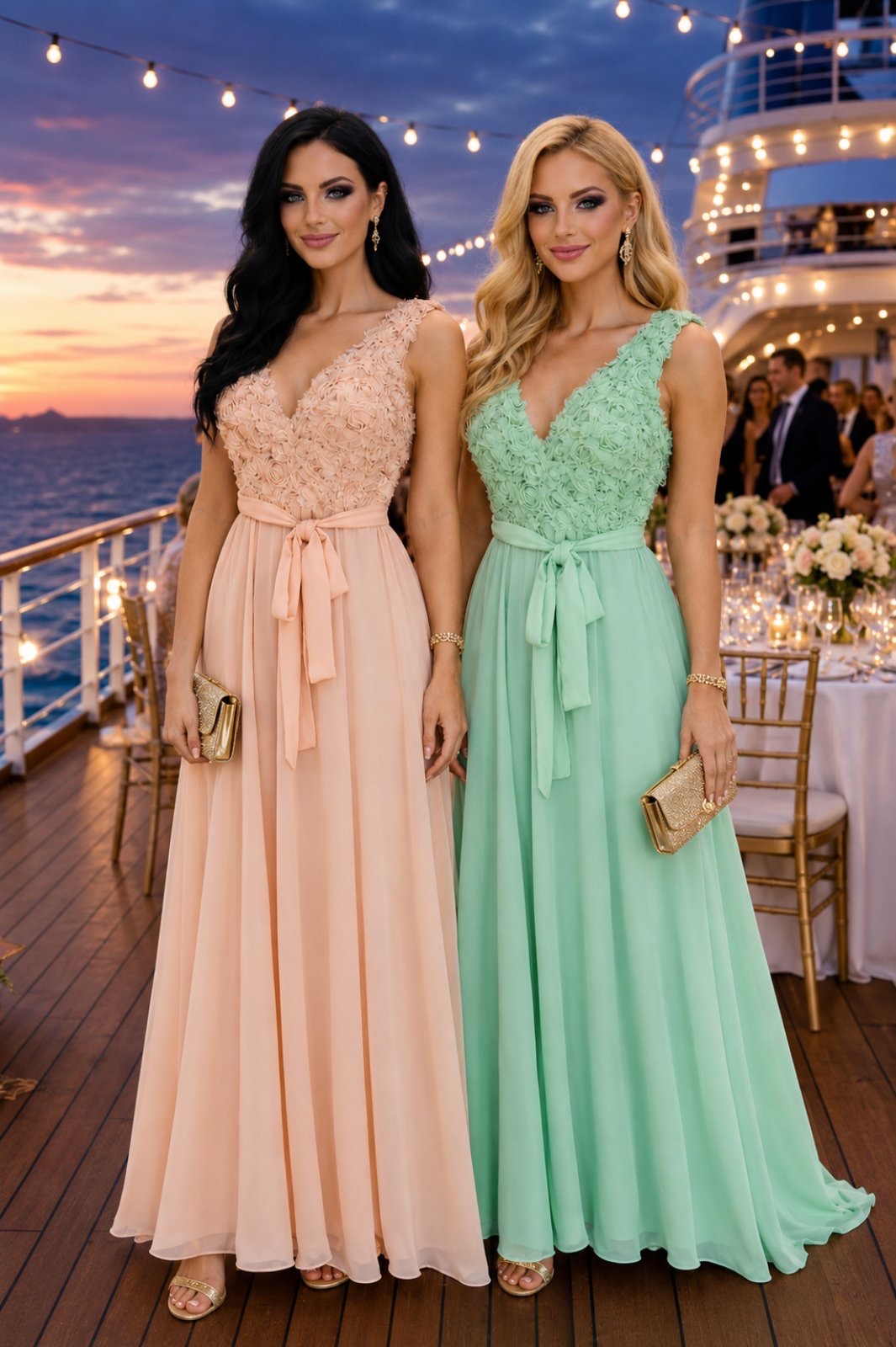 makry forema me trisdiastata louloudia kai vathy ntekolte(2) Two women in pastel evening gowns pose on a cruise-ship deck at sunset, each holding a gold clutch.