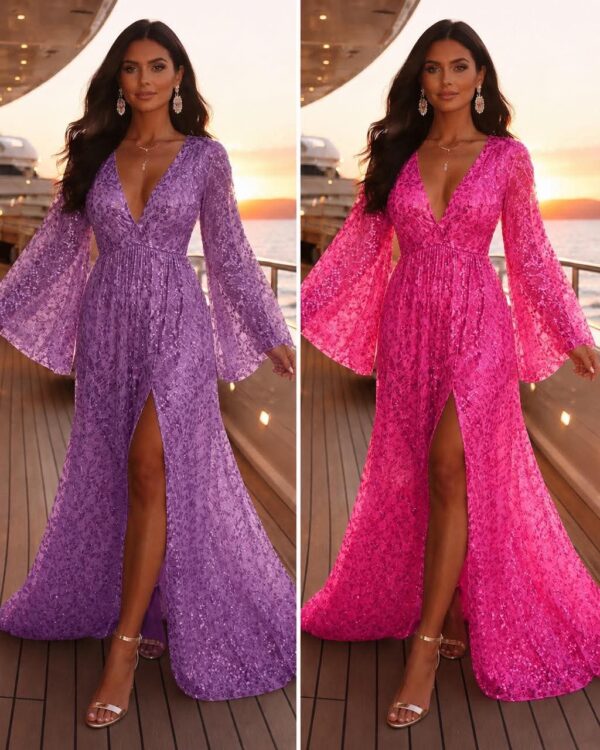 Model wears a deep-V lavender lace gown with bell sleeves and thigh-high slit on a yacht deck at sunset (left). The same style appears in hot pink on the right.