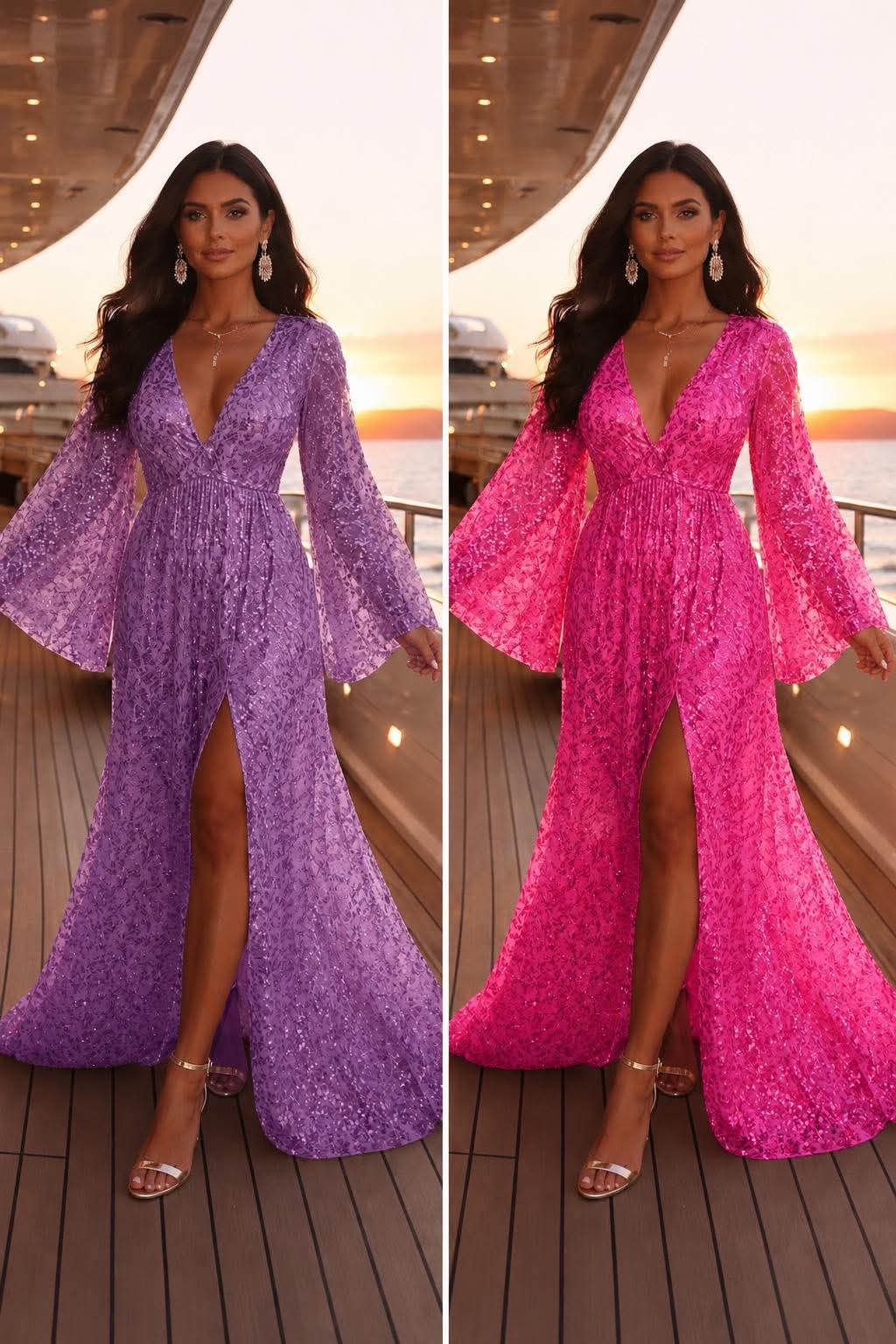 xryso maxi forema me pagietes kai anoigma sto podi(2) Model wears a deep-V lavender lace gown with bell sleeves and thigh-high slit on a yacht deck at sunset (left). The same style appears in hot pink on the right.
