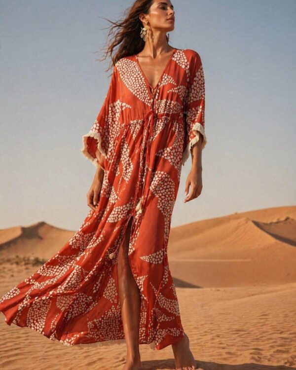 Woman walking barefoot on orange desert sand, wearing a flowing red patterned maxi dress with white abstract prints and tassel ties. Her hair blows in the wind as dunes rise in the background.