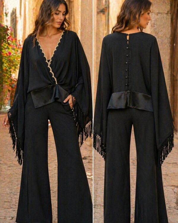 Elegant κρουαζέ μπλούζα με μακριά μανίκια & κρόσσια/MISS VANITY