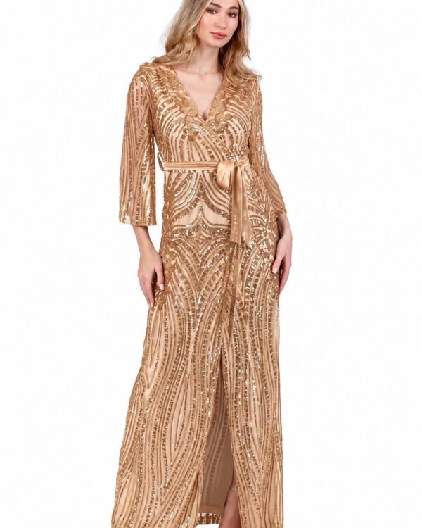 Full-length champagne sequin gown with a sash belt, V-neck, and 3/4 sleeves, model posing against white background.