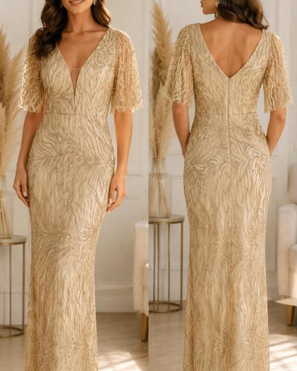 Beige lace evening gown with a V-neck front and V-back, short flutter sleeves, shown from both front and back on a model.