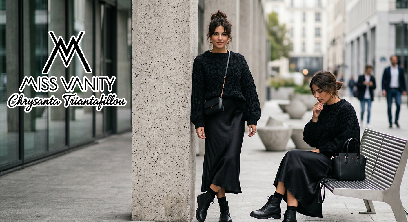 Urban fashion scene: two women in black outfits on a city sidewalk, one standing by a concrete pillar with a crossbody bag, the other seated with a black handbag; Miss Vanity logo on the left.