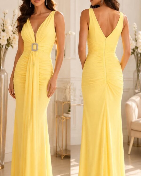 Two views of a bright yellow, floor-length evening gown: front shows a plunging V-neck and a draped waist with a square-buckle detail; back reveals a V-shaped back with ruched seams and a small train. Model stands in a well-lit, elegant room with white decor.