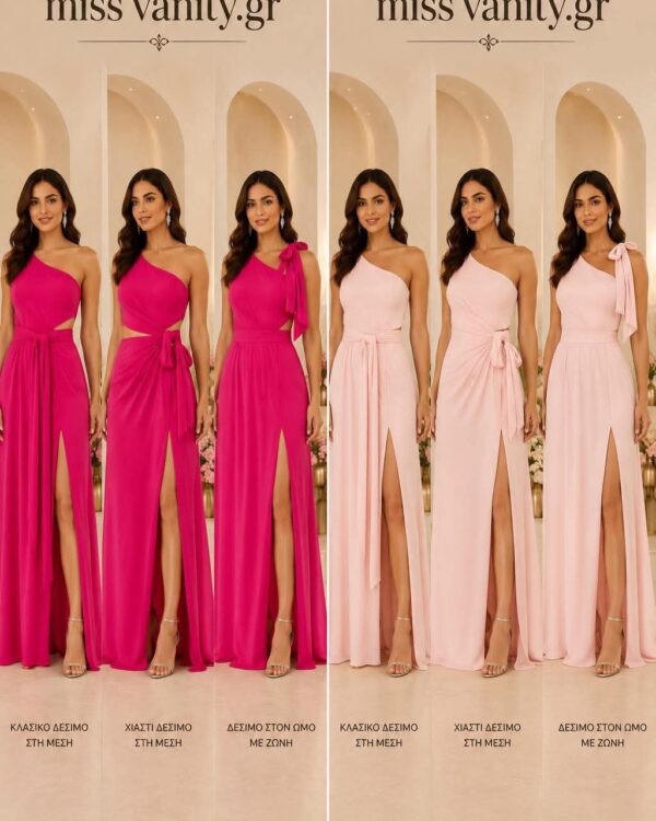 Two side-by-side panels show models in pink one-shoulder gowns with high slits against a Miss Vanity backdrop, Greek text at bottom.