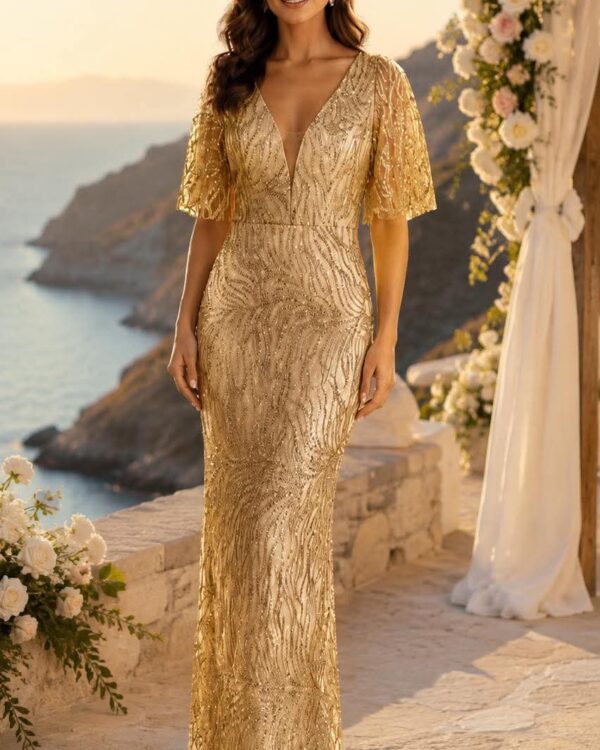 Woman in a gold, sequined gown stands on a sunlit cliffside terrace with flowers and a floral arch in the background at sunset.