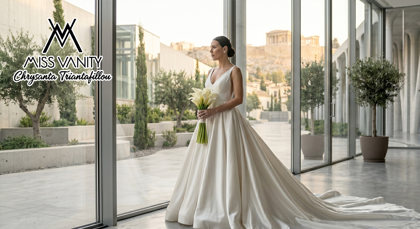 Bride in a long white wedding gown holding a bouquet of white calla lilies in a glass-walled atrium; Miss Vinity logo visible in the corner.
