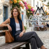 Woman sits on a wooden bench along a cobblestone street; branding reads MISS VANITY Chrysanta Triantafillou.