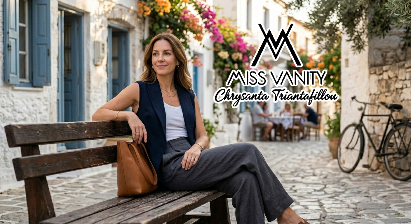 Woman sits on a wooden bench along a cobblestone street; branding reads MISS VANITY Chrysanta Triantafillou.