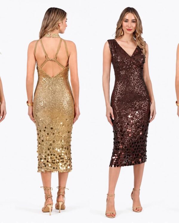 Four models wear knee‑length sequin dresses in gold and bronze, shown from the front and back to highlight necklines and crisscross back straps.