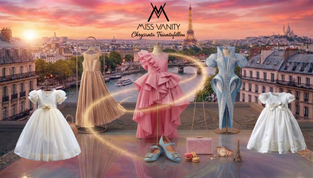 Promotional Miss Vanity collage with five formal dresses on mannequins against a Paris skyline at sunset, Eiffel Tower visible.