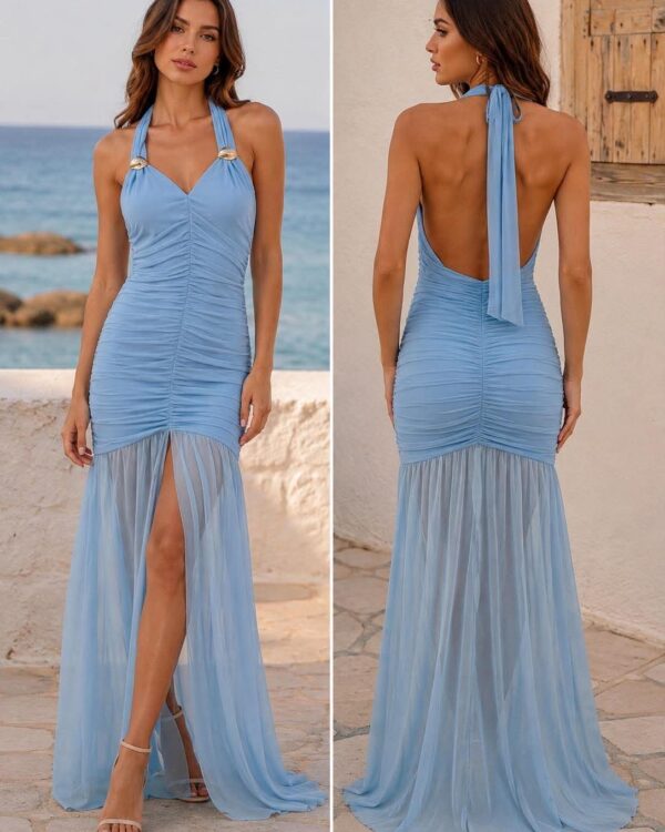 Two-view image of a woman wearing a sky-blue halter-neck ruched mermaid dress with a sheer tulle train, shown from the front and back.