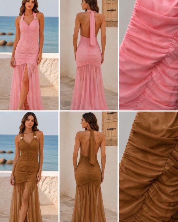 Collage of a pink ruched halter maxi dress shown from the front, back, and close-up of the sage fabric ruching on a model by the sea.
