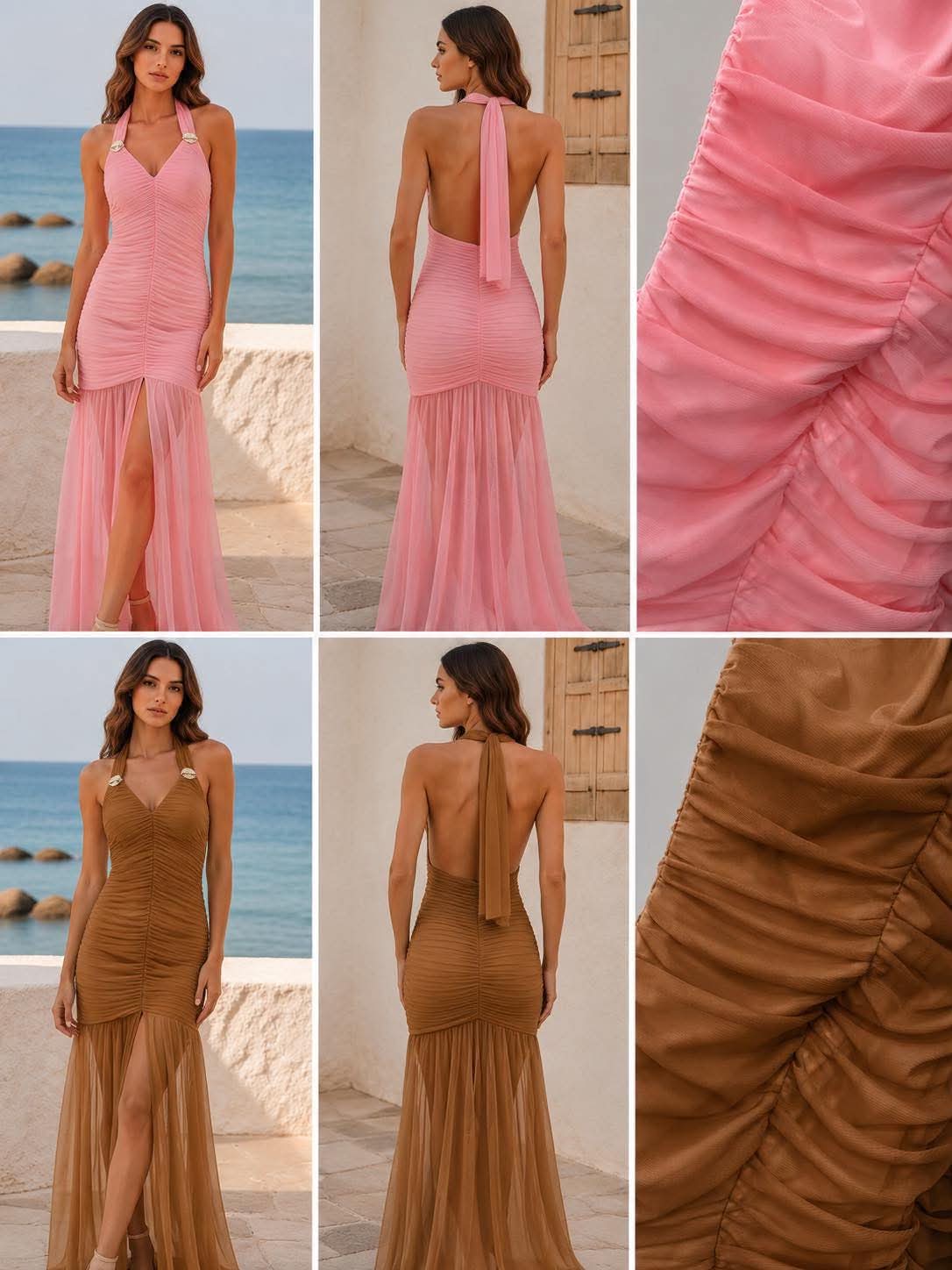 maxi forema me soures kai anoixth plath (2) Collage of a pink ruched halter maxi dress shown from the front, back, and close-up of the sage fabric ruching on a model by the sea.