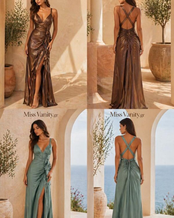 Four-image collage of Miss Vanity gowns: bronze metallic wrap dress and two teal gowns shown from front and back in a sunlit archway setting with pots and plants nearby.