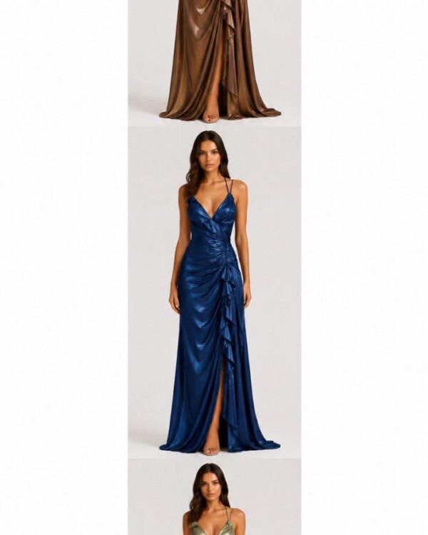 Bronze-brown satin evening gown, plunging neckline with diagonal ruched ruffle down the front, full-length.