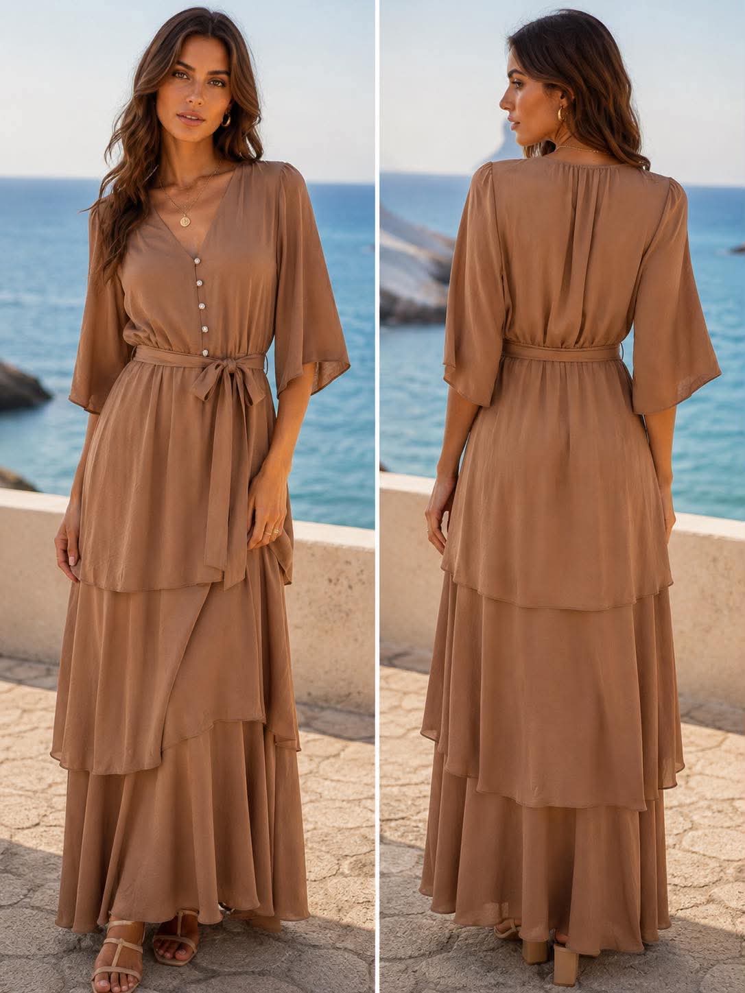 maxi forema me zwnh kai layered volan(1) Two-panel view of a woman by the sea wearing a tan layered maxi dress with a waist tie, V-neck and button front, sandals. Front pose on the left, back view on the right.