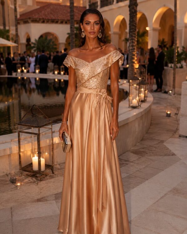 Elegant woman in a shimmering off-shoulder champagne gown posing at a sunset outdoor gala with lanterns and a fountain behind her, wearing statement earrings and holding a clutch.