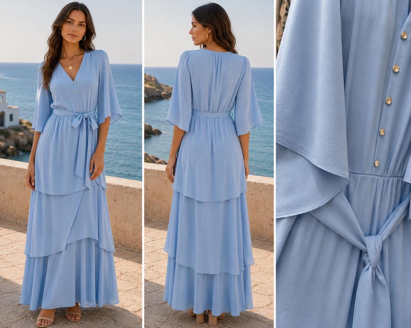 maxi forema me zwnh kai layered volan(2) Woman wearing a light blue flutter-sleeve wrap maxi dress by the sea, with a waist tie and layered skirt.
