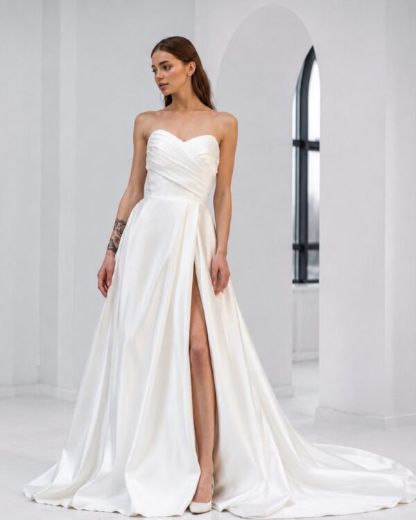 Woman in a strapless white wedding gown with a high slit, standing in a minimalist white interior with an arched window in the background, train pooling on the floor.