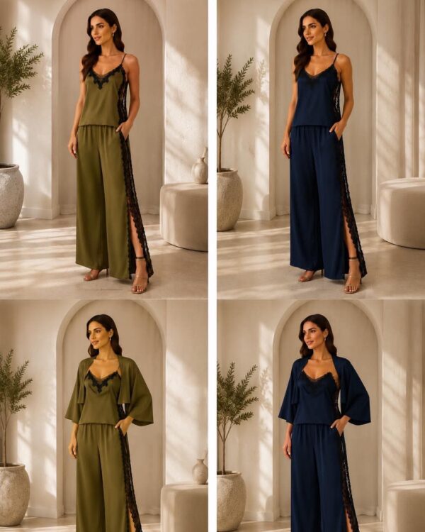 Collage of olive and navy silky loungewear sets with lace trim, modeled in a light archway interior.